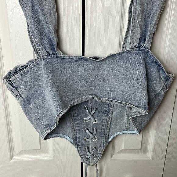 Pretty Little Thing Vintage Bleach Wash Ruched Bust Detail Lace Up Corset 14 - Picture 11 of 13